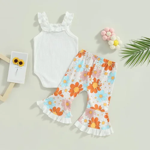 Miniatura 3 de BULINGNA Conjunto de dos piezas de verano para bebé niña sin mangas con estampado de arco iris + pantalones cortos florales de PPpantalones