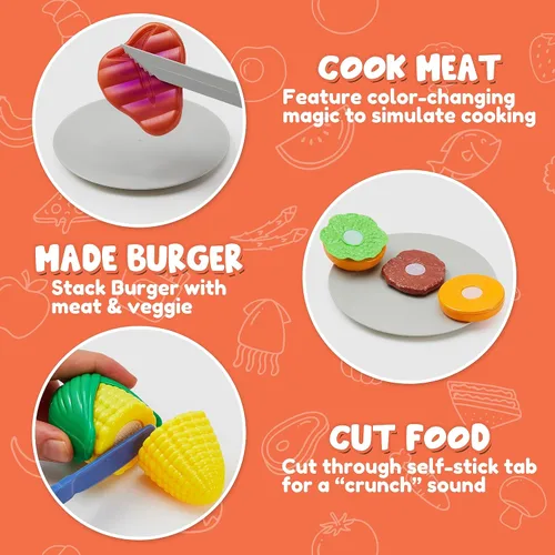 Miniatura 5 de Juego de parrilla para barbacoa para niños, juego de juguetes de cocina con humo de simulación, luz, sonido y alimentos que cambian