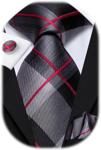 Miniatura 122 de Hi-Tie Corbata clásica de cachemira para hombre con pañuelo y gemelos a cuadros