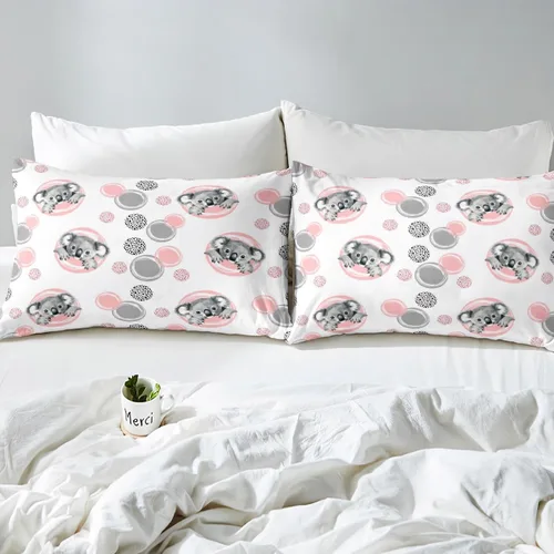 Miniatura 6 de Erosebridal Juego de sábanas lindas de koala para niños, sábana bajera ajustable kawaii koalas tamaño individual con puntos grises y rosados, funda