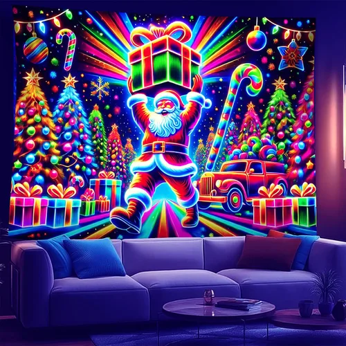 Miniatura 19 de NYZE - Tapiz de Navidad con Papá Noel, tapiz de luz negra que brilla en la oscuridad, colgante de pared, banner festivo, decoración para fiesta