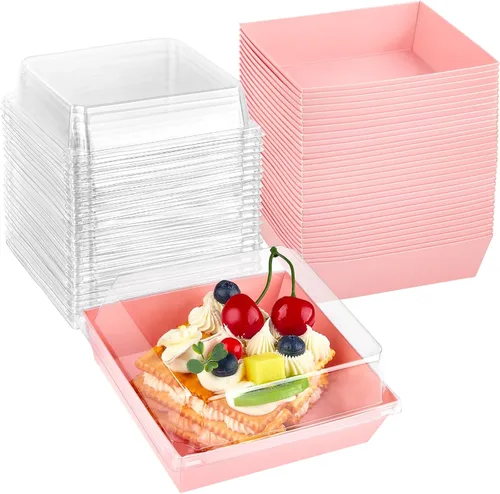 Kucoele Paquete de 50 Cajas Pequeñas de Charcutería con Tapas Transparentes, Cajas de Papel para Postres Para Llevar, Cajas de Panadería, Rosa