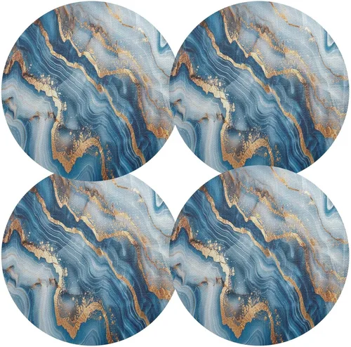 Miniatura 2 de Mantel individual redondo de mármol azul dorado, lavable para mesa de comedor para cocina (talla única x 1)