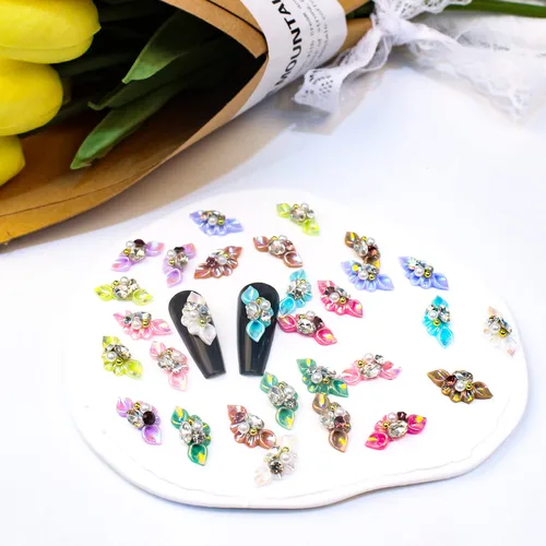 Miniatura 4 de 20 dijes de uñas de flores para uñas acrílicas, flores en relieve 5D, pétalos, perlas, diamantes de imitación, joyería de uñas, decoración de uñas