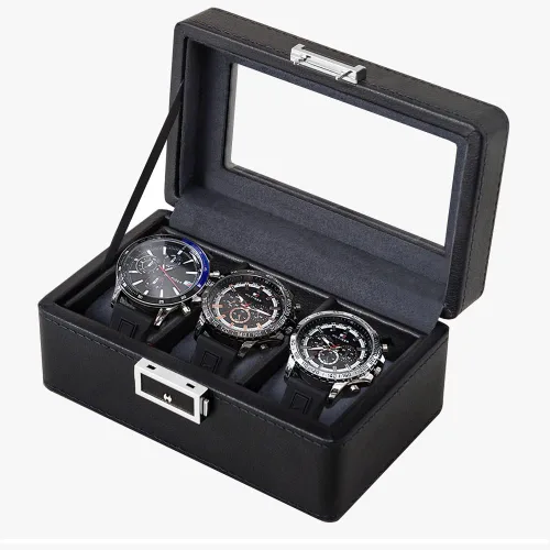 Anyasun Caja de reloj con 3 ranuras, organizador de vitrina, caja de almacenamiento de reloj con tapa de vidrio para hombres y mujeres (cuero de