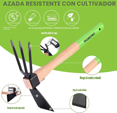 Miniatura 4 de WORKPRO Azada y Cultivador Rastrillo de Jardín con Mango de Madera de 14", Hoja de Azada Afilada y Cultivador Resistente de 3 Garras, Herramientas