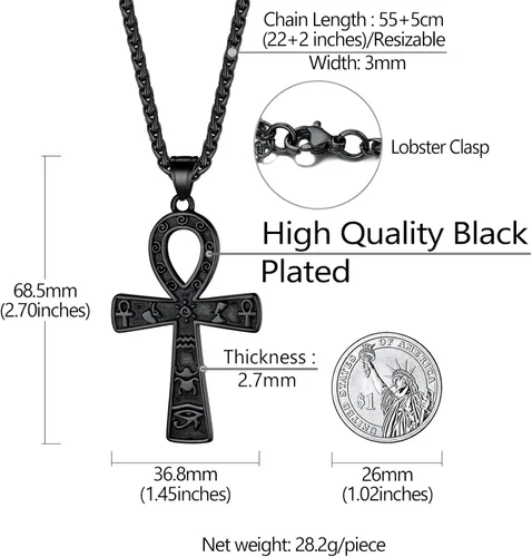 Miniatura 5 de Collar con colgante de cruz de Ankh chapado en acero inoxidable, oro y negro, para hombres y mujeres, con cadena de trigo, joyería religiosa