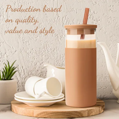 Miniatura 9 de Tronco Vaso de vidrio de 20 onzas con tapas y pajitas, vasos reutilizables para batidos con tapa de silicona, taza de café helado con funda