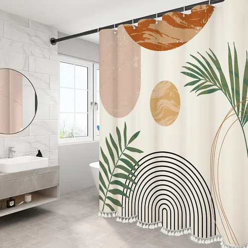 Juego de cortina de ducha estilo bohemio/de mediados de siglo con diseño de hojas, arco y sol, patrón minimalista de hojas, tela impermeable y Beige