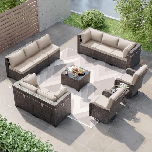 Miniatura 29 de Kurapika juego de muebles de patio 4 piezas de mimbre al aire libre, sillas de ratán, juego informal con mesa de café, juego de bistró con mecedora