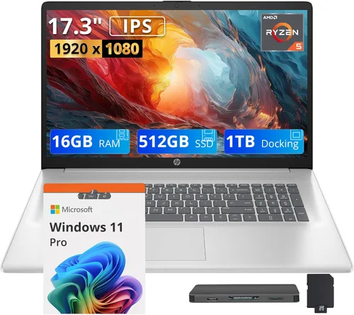 Miniatura 10 de HP 17.3" Diagonal FHD Laptop, AMD Ryzen 5 7430U, 8GB DDR4, 1.25TB Storage(256GB SSD+1TB Docking Station), AMD Radeon Graphics, Numeric keypad, 720p