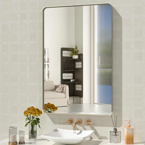 WEER Espejo de baño de níquel cepillado de 24 x 36 pulgadas, marco de metal plateado cepillado, espejo rectangular redondeado de baño plateado,