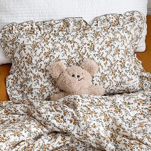Miniatura 5 de BuLuTu Funda de almohada de muselina de algodón con borde de volantes y flores de hibisco para niños, almohada de viaje suave para niños, niñas