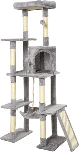 Árbol grande para gatos, torre para gatos de varios niveles de 65 pulgadas de alto con postes rascadores cubiertos de sisal, condominio, hamaca,