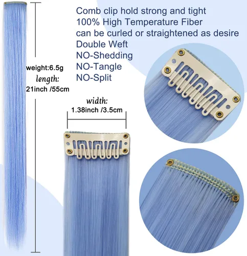 Miniatura 4 de 16 extensiones de cabello de colores con clip para fiestas, 21 pulgadas, lacio, sintético, extensiones de cabello azul claro para niñas y mujeres