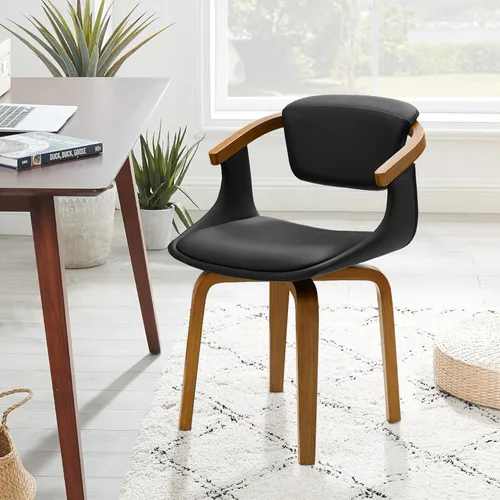 Miniatura 14 de Art Leon Silla de escritorio sin ruedas, silla giratoria moderna de mediados de siglo, silla de escritorio de piel sintética para espacios pequeños