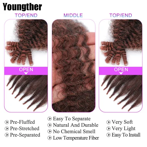 Miniatura 5 de Youngther Cabello afro de 16 pulgadas preesponjado con resorte, 7 paquetes de rastas suaves, cabello humano trenzado Marley Twist para mujeres