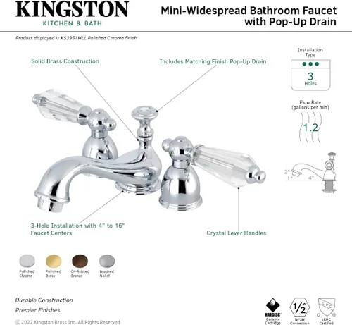 Miniatura 5 de Kingston Brass KS3958WLL Mini grifo de lavabo generalizado con manija de palanca de cristal, 4-1/2 pulgadas en alcance de la boquilla, níquel