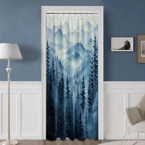 Miniatura 13 de Cortina de ducha azul marino de bosque Cortina de ducha azul oscuro de montaña y naturaleza para decoración de baño de hombres, tela impermeable