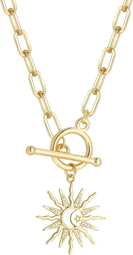 DoreenBeads 18K Gold Plated Sun Moon Star Evil Eye Pendant Necklace Toggle Paperclip Chain Necklace Jewelry Gift for Women Girls