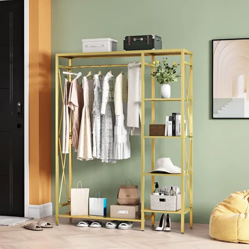 Miniatura 2 de TIEOU Estantes de ropa dorados modernos independientes, estante de ropa dorado con estantes para boutiques, estante de ropa resistente para colgar