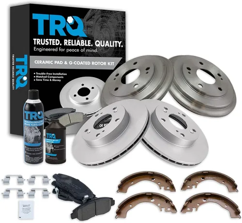 TRQ Pastillas y rotor de freno delantero y trasero, kit de zapatas y tambores de cerámica premium con revestimiento G compatible con Honda Civic