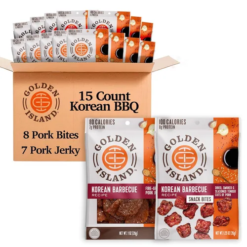Golden Island Paquete variado coreano para barbacoa, paquete de 15, 8 bocadillos de cerdo y 7 carne seca de cerdo, bocadillos de proteína coreana