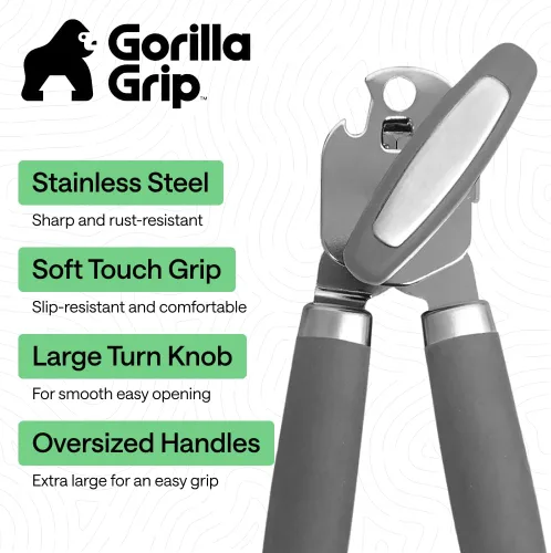 Miniatura 2 de GORILLA GRIP Abrelatas manual de acero inoxidable resistente con borde liso y abrebotellas, mango suave y cómodo, perilla giratoria de mano de gran