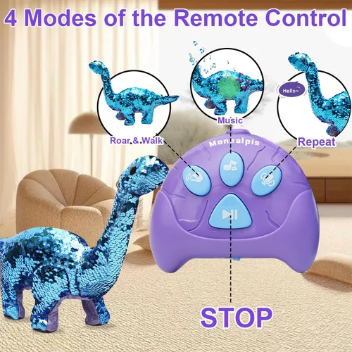 Miniatura 7 de Juguetes de dinosaurio para niñas, juguete de dinosaurio caminante de lentejuelas con control remoto, ruge, canta, camina y repetición, juguete
