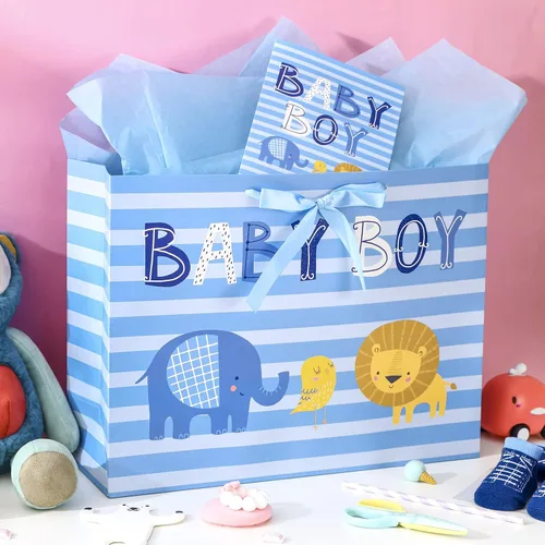 Miniatura 8 de Loveinside Bolsa de regalo para bebé niño con papel de seda y tarjeta de felicitación para baby shower, nuevos padres y más, diseño animal azul, 16