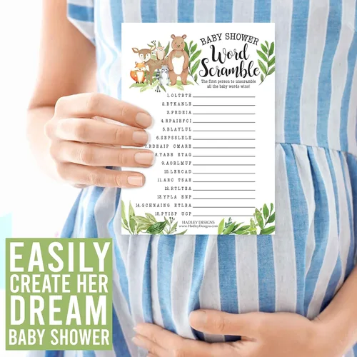 Miniatura 8 de Hadley Designs Juegos de baby shower para 25 invitados – Woodland Baby Shower Juego de palabras Scramble, verdadero o falso, juego de baby shower