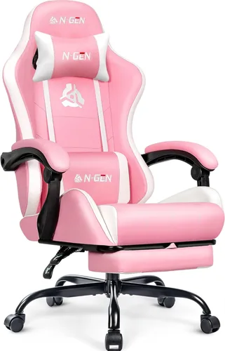 Miniatura 16 de N-GEN GAMING Silla de videojuegos con reposapiés, soporte lumbar para el hogar, oficina, respaldo alto, reclinable, altura ajustable, ergonómica
