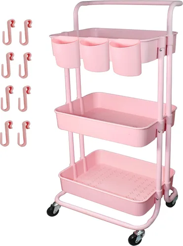 Miniatura 9 de Carrito utilitario de 3 niveles con ruedas multifuncional, organizador de estante con asa y ruedas bloqueables para el hogar, cocina, baño, Negro