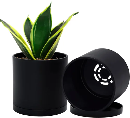 D'vine Dev Paquete de 2 macetas de plástico modernas de 4.5 pulgadas, macetas de jardín pequeñas para plantas con agujeros de drenaje y platillos,