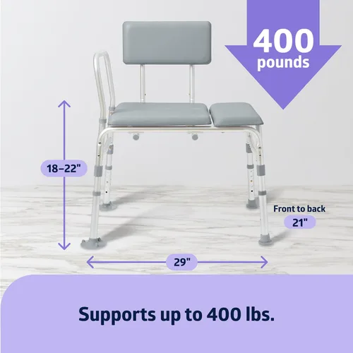 Miniatura 4 de Medline Banco de transferencia acolchado para bañera y ducha, altura ajustable, patas antideslizantes, resistente al óxido, brazo lateral y respaldo