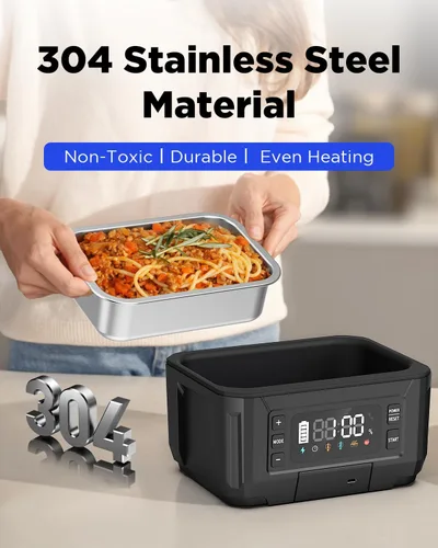 Miniatura 7 de Fiambrera eléctrica inalámbrica para adultos – Fiambrera autocalentable de acero inoxidable de 1.2L con baterías recargables extraíbles dobles