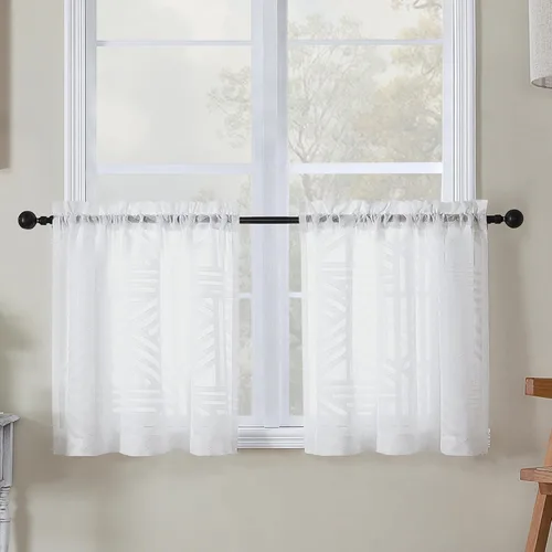 Miniatura 31 de Simplebrand Cortinas traslúcidas negras de cocina de 24 pulgadas de largo, 2 paneles, filtrado de luz, geométrico jacquard con textura, cortinas