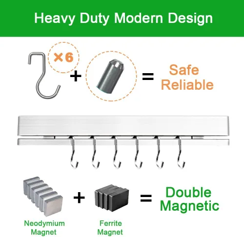 Miniatura 5 de YIIYIIN Portacuchillos magnético de doble cara de acero inoxidable 304 de 12 pulgadas para pared, con tira adhesiva, sin taladro, 6 ganchos Plata