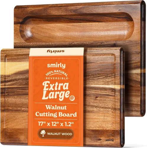 Miniatura 12 de SMIRLY - Tabla de corte grande de acacia para cocina: tabla de cortar de madera grande con ranura para jugos, tablas de cortar de madera para 15