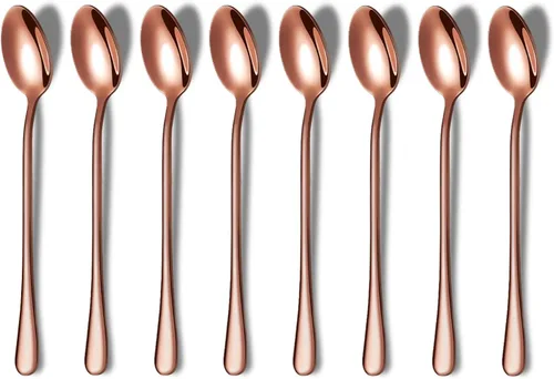 Miniatura 11 de Juego de 8 cucharas de café y té de acero inoxidable dorado prémium (mango largo, helado, cóctel)