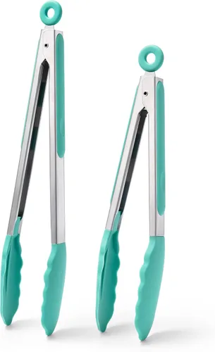 Doosu Pinzas de cocina para cocinar: juego de pinzas para alimentos resistentes al calor de 600 °F con puntas de silicona antiarañazos, pinza de