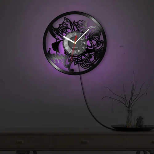 Miniatura 7 de Reloj de pared de vinilo LED vikingo de 12 pulgadas con 7 colores cambiantes, cuarzo silencioso sin tictac, arte de pared vikingo para hombre