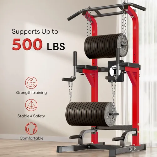 Miniatura 2 de SogesPower Power Tower - Barra de dominadas multifunción para gimnasio en casa, altura ajustable, barra de inmersión, equipo de entrenamiento de Rojo