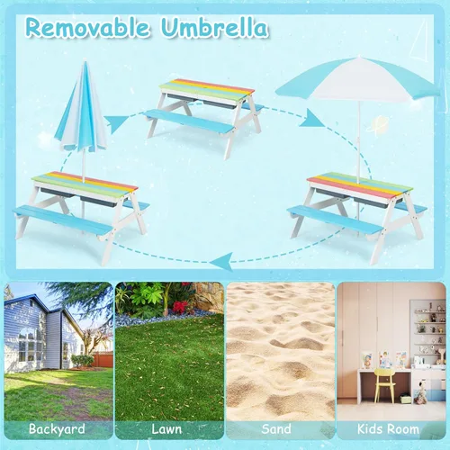 Miniatura 3 de Costzon Mesa de Picnic para Niños con Contenedores Sensoriales, Mesa de Arena y Agua 4 en 1 con Sombrilla de Altura Ajustable, Superficie de Mesa