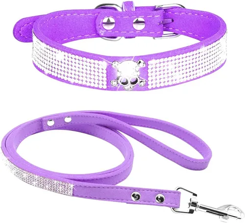 Miniatura 24 de Conjunto de Collar y Correa para Mascotas, Bonito y Deslumbrante de Ante Suave con Diamantes de Imitación de Cristal, Collar y Correa para Gatos