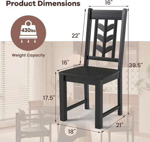 Miniatura 2 de NAFORT Juego de 2 sillas de comedor negras de madera maciza de goma con almohadillas antideslizantes, carga máxima de 430 libras, asiento de granja