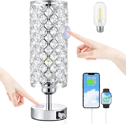 Miniatura 10 de Lámpara de mesa de cristal Hong-in - Control táctil regulable en 3 vías, lámpara de cabecera de oro rosa con puertos USB C y A, luz de mesita