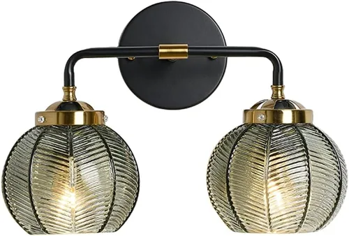 Lámpara de tocador de mediados de siglo, apliques de pared negros para baño, lámpara de pared de vidrio verde, pantalla de vidrio acanalado, luces