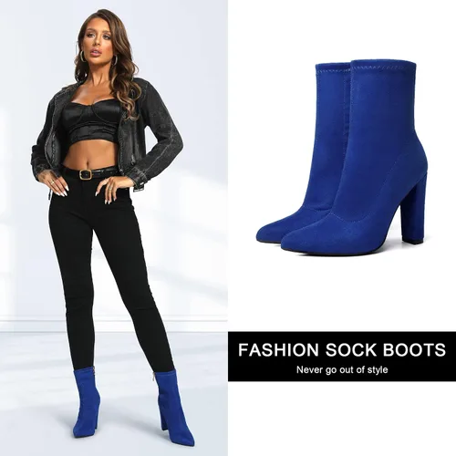 Miniatura 5 de risdoada Botas de tacón grueso para mujer botas de tacón grueso punta puntiaguda de gamuza elástica otoño e invierno botines de media pantorrilla