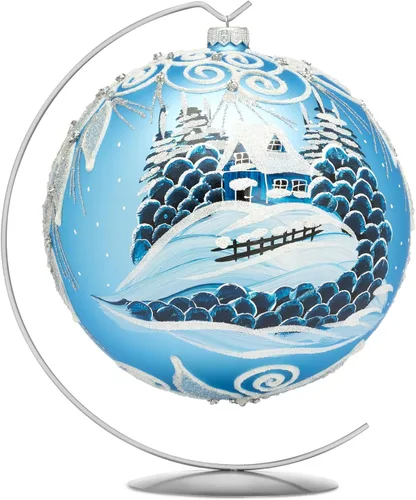 Miniatura 58 de Adorno navideño de capilla azul con soporte, bola de vidrio soplado polaco pintada a mano, bola extra grande de 8 pulgadas/200mm, adorno de fe eterna
